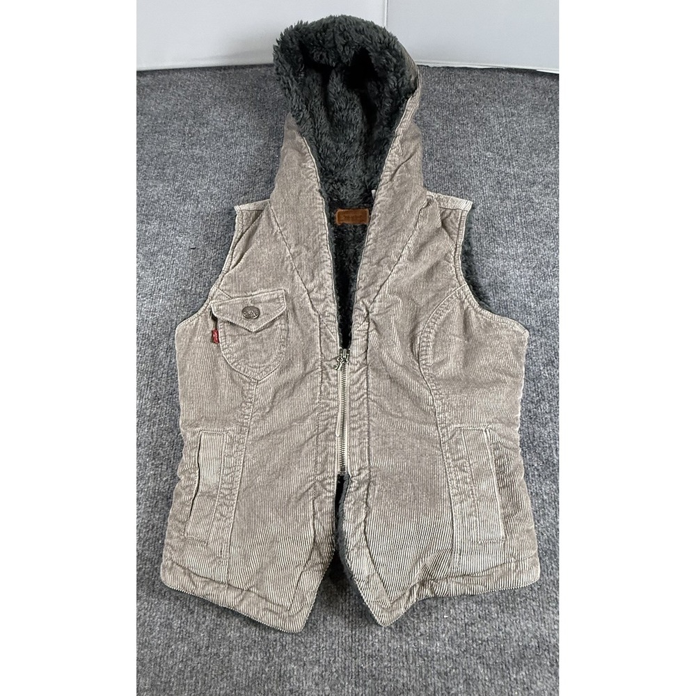 Levi’s Faux Fur Corduroy Vest Hoodie Women’s Size LARGE Beige/gray